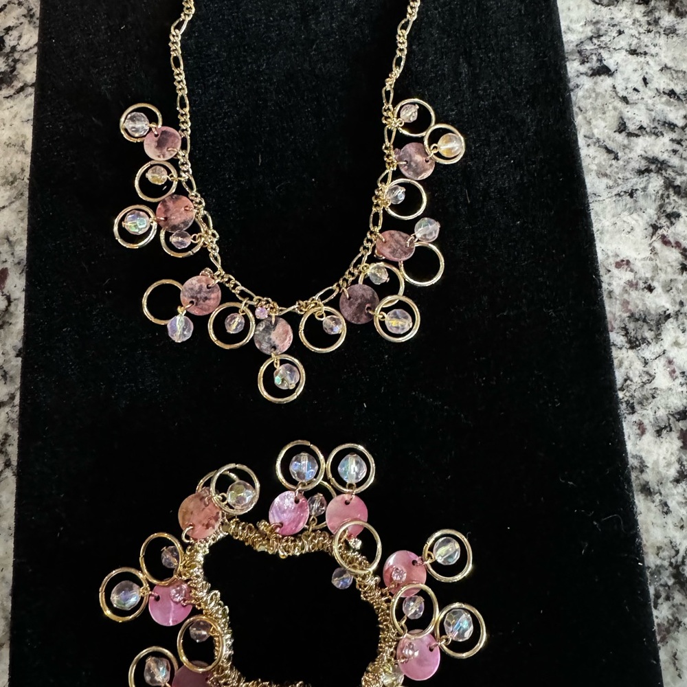 Gold Necklace and Bracelet Set with Pink Accents